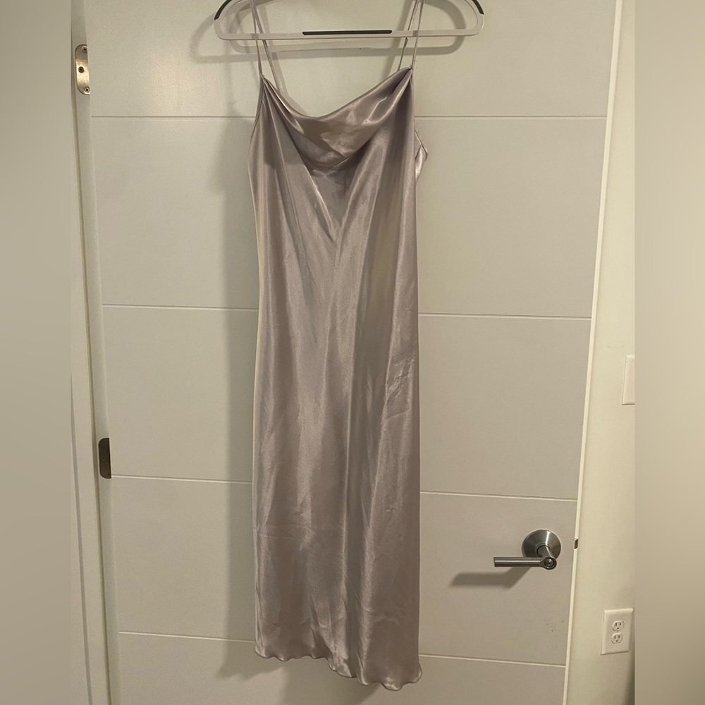 bebe long satin cowl neck silver dress